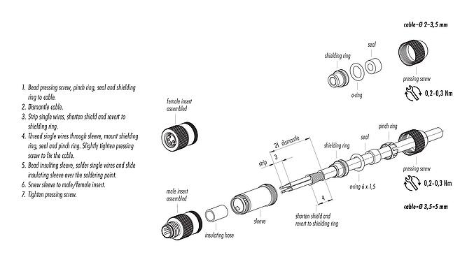Instrucción de montaje M8 Conector de cable macho, Número de contactos: 4, 2,0-3,5 mm, blindable, soldadura, IP67