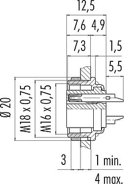 Scale drawing M16 Female panel mount connector, Contacts: 2 (02-a), unshielded, solder, IP40, M18x0,75, Rear mounting