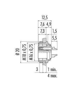 Scale drawing M16 Female panel mount connector, Contacts: 6 (06-a), unshielded, solder, IP40, M18x0,75, Rear mounting