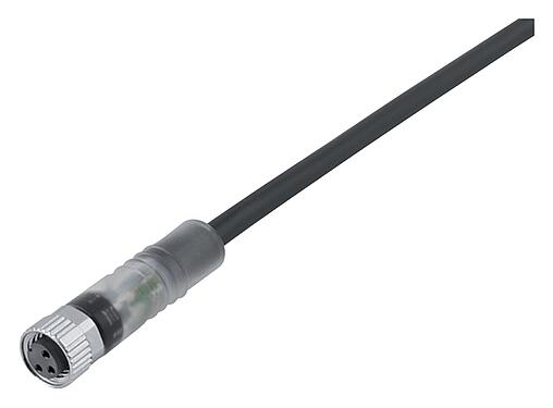 Illustration M8 Female cable connector, Contacts: 3, unshielded, moulded on the cable, IP67/IP69K, UL 2238, PUR, black, 3 x 0.34 mm², with LED PNP closer, 10 m