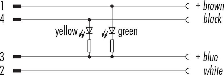 Pin assignment plans M12/M8 Male cable connector - female angled connector, Contacts: 4, unshielded, moulded on the cable, IP67/IP69K, PUR, black, 4 x 0.25 mm², with LED PNP closer, 2 m