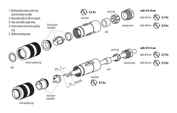 Instrucción de montaje 09 0506 70 16 - M16 Conector de cable hembra, Número de contactos: 16, 6,0-8,0 mm, sin blindaje, soldadura, IP67