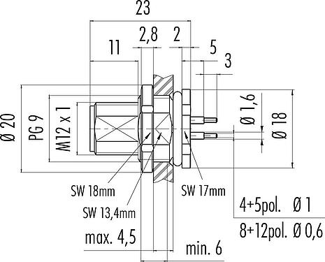 Scale drawing M12 Male panel mount connector, Contacts: 5, unshielded, THT, IP68, UL 2238, PG 9, Rear mounting