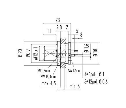 Scale drawing M12 Male panel mount connector, Contacts: 4, unshielded, THT, IP68, UL 2238, PG 9, Rear mounting