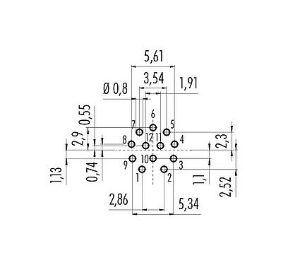 Conductor layout M12 Male panel mount connector, Contacts: 12, unshielded, THT, IP68, M12x1.0, Rear mounting, potted