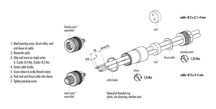 Instructions de montage M12 Duo-connecteur mâle, Contacts: 4, 2.1-3.0 mm (2 câble) ou 4-5 mm (2 câble), non blindé, pince à visser, IP67, UL 2238