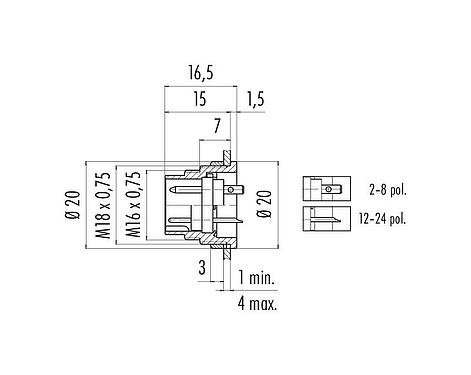 Scale drawing M16 Male panel mount connector, Contacts: 5 (05-a), unshielded, solder, IP40, M18x0,75, Rear mounting