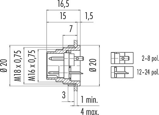 Dibujo a escala M16 Enchufe de brida, Número de contactos: 3 (03-a), sin blindaje, soldadura, IP40, M18x0,75, Montaje en pared