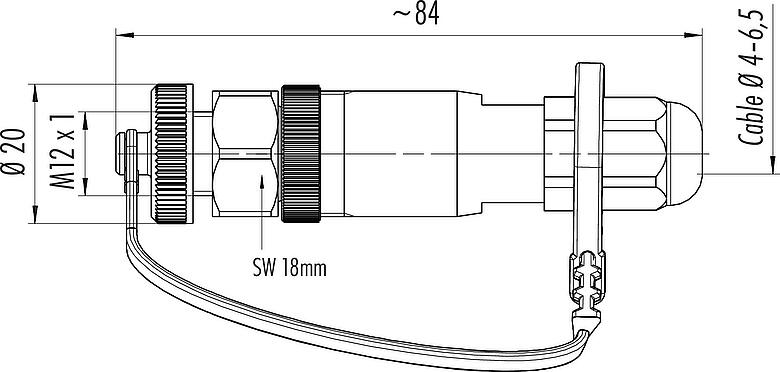 Dessin coté M12 Connecteur femelle, Contacts: 5, 4,0-6,5 mm, non blindé, pince à visser, IP68/IP69K, pour les applications extérieures, résistant aux UV