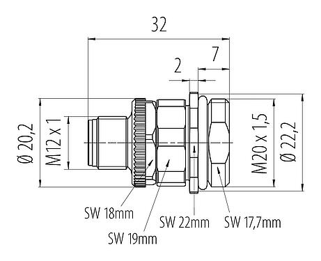 Dessin coté M12 Embase mâle, Contacts: 4, non blindé, pince à visser, IP68, UL 2238, VDE, M20x1,5, Montage frontal