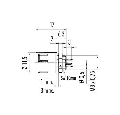 Dibujo a escala Snap-In Enchufe de brida, Número de contactos: 4, sin blindaje, THT, IP67, UL 2238, M8x0,75, Montaje frontal