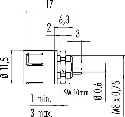 Scale drawing Snap-In Male panel mount connector, Contacts: 8, unshielded, THT, IP67, UL 2238, M8x0,75, Front mounting