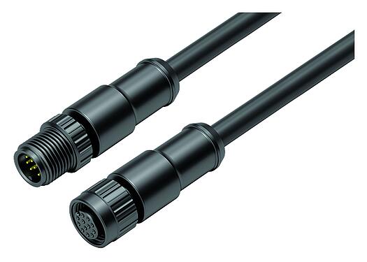 Illustration M12 Connecting cable male cable connector - female cable connector, Contacts: 12, unshielded, moulded on the cable, IP68/IP69K, UL 2238, PUR, black, 12 x 0.25 mm², 5 m