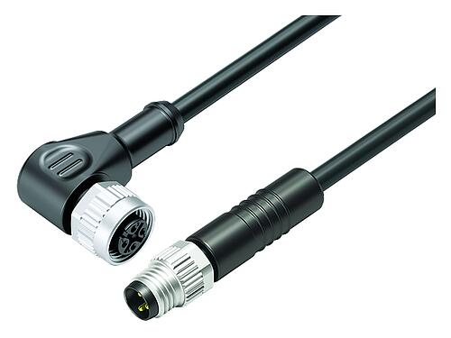Illustration M12/M8 Male cable connector - female angled connector, Contacts: 3, unshielded, moulded on the cable, IP67/IP69K, UL 2238, TPE, black, 3 x AWG 22, 5 m