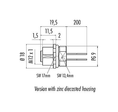 Dessin coté M12 Embase femelle, Contacts: 4, non blindé, fils, IP67, UL 2238, PG 9, Montage frontal