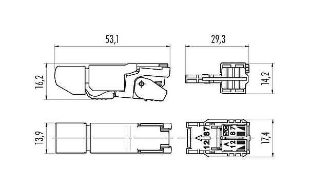 Scale drawing RJ45 connector, Contacts: 8, 5.0-9.0 mm, shieldable, Piercing technology, IP20