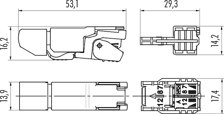 Scale drawing RJ45 connector, Contacts: 8, 5.0-9.0 mm, shieldable, Piercing technology, IP20, UL
