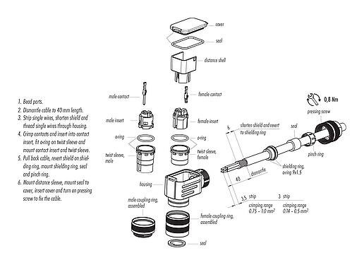 Instrucción de montaje M16 Conector macho en ángulo, Número de contactos: 8 (08-a), 4,0-6,0 mm, blindable, crimpado (los contactos de crimpado deben pedirse por separado), IP67, UL 2238