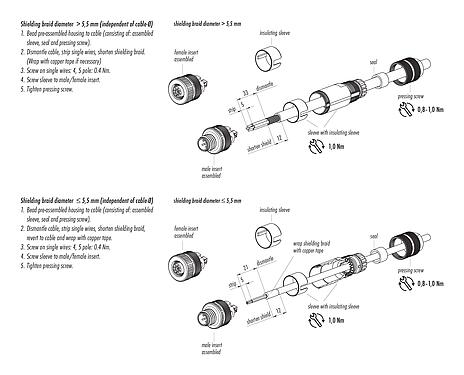 Assembly instructions 99 1438 814 05 - M12 Female cable connector, Contacts: 5, 5.0-8.0 mm, shieldable, screw clamp, IP67, UL