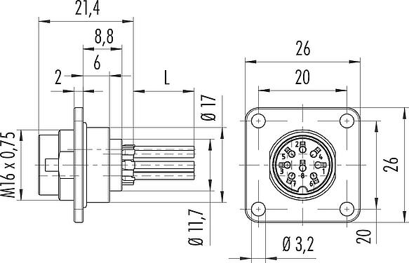 Scale drawing M16 Male panel mount connector, Contacts: 5 (05-a), unshielded, single wires, IP67, UL 2238, M18x0,75, Front mounting