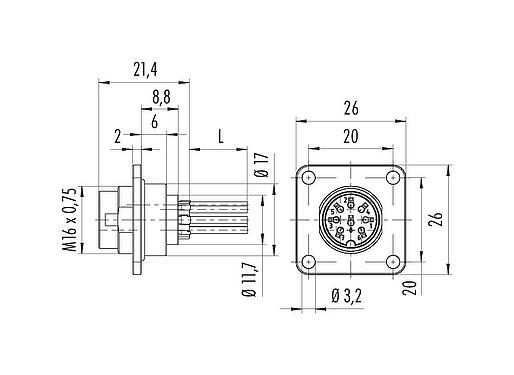 Dibujo a escala M16 Enchufe de brida, Número de contactos: 6 (06-a), sin blindaje, hilos, IP67, UL 2238, M18x0,75, Montaje frontal