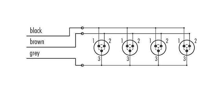 Schémas d’affectation des broches Snap-In Distributeur 4 voies, Contacts: 3, non blindé, surmoulé sur le câble, IP67, 3 x 0,75 mm²