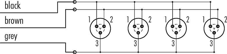 Pin assignment plans Snap-In 4-way distributor, Contacts: 3, unshielded, moulded on the cable, IP67, 3 x 0.75 mm²