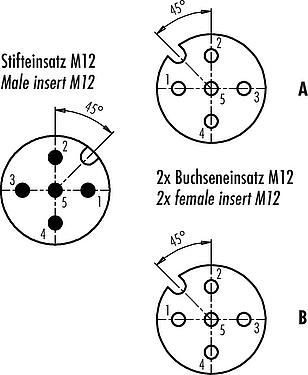 Disposition des contacts (Côté plug-in) M12 Répartiteur double, Y-distributeur, mâle - 2 femelle, Contacts: 5, non blindé, enfichable, IP68, UL 2238