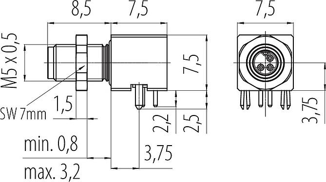 Dibujo a escala M5 Enchufe de ángulo brida, Número de contactos: 3, blindable, soldadura, IP68, UL 2238, Montaje en pared, moldeado