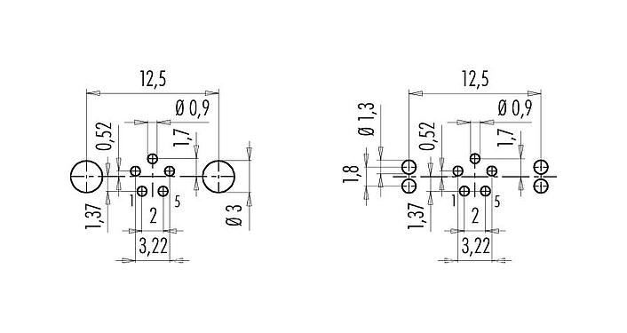 Conductor layout 09 0416 35 05 - M9 Female panel mount connector, Contacts: 5, shieldable, THT, IP67, front fastened
