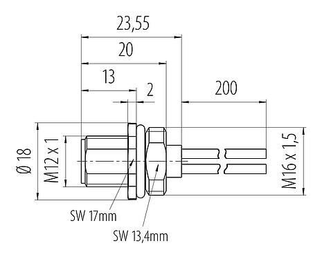 Dibujo a escala M12 Enchufe de brida, Número de contactos: 3, sin blindaje, hilos, IP68, UL 2238, M16x1,5, Montaje frontal, moldeado