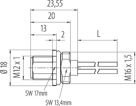 Dibujo a escala M12 Enchufe de brida, Número de contactos: 3, sin blindaje, hilos, IP68, UL 2238, M16x1,5, Montaje frontal, moldeado