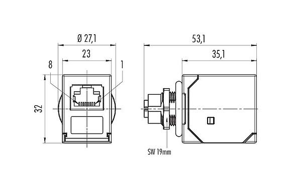 Scale drawing M12 Lead-through for control cabinet, female connector - RJ45 straight, Contacts: 8, shielded, pluggable, IP67, UL, Rear mounting