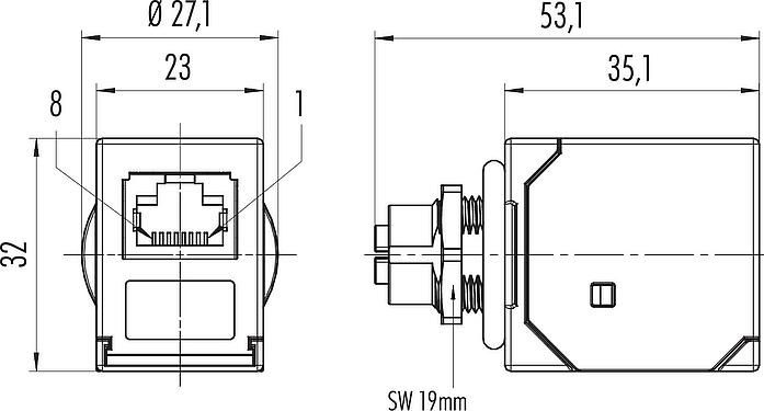 Dibujo a escala M12 Casquillo del armario de distribución, toma - RJ45 recto, Número de contactos: 8, blindado, enchufable, IP67, UL, Montaje en pared