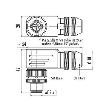 Scale drawing M12 Male angled connector, Contacts: 4, 4.0-6.0 mm, shieldable, screw clamp, IP67