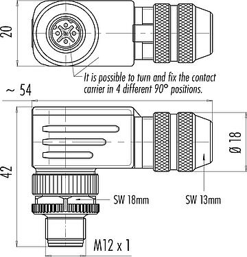Dibujo a escala M12 Conector macho en ángulo, Número de contactos: 4, 4,0-6,0 mm, blindable, tornillo extraíble, IP67