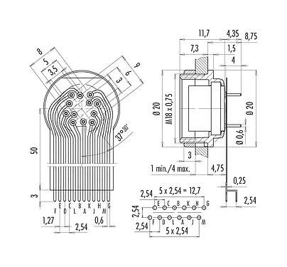 Connection & dimensions M16 Female panel mount connector, Contacts: 12 (12-a), unshielded, THT, IP40, M18x0,75, Rear mounting, double-row