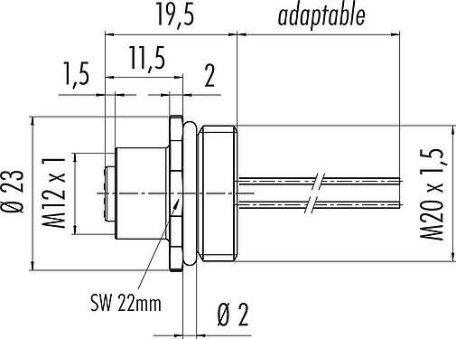 Scale drawing M12 Female panel mount connector, Contacts: 5, unshielded, single wires, IP67, UL 2238, M20x1.5, Front mounting, potted