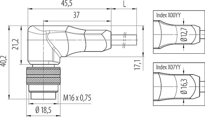 Scale drawing M16 Male angled connector, Contacts: 3, unshielded, moulded on the cable, IP67, PUR, black, 3 x 0.34 mm², 2 m