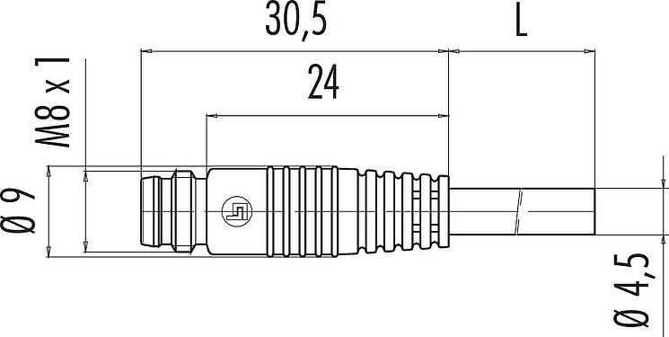 Scale drawing M8 Male cable connector, Contacts: 3, unshielded, moulded on the cable, IP65, PUR, black, 3 x 0.25 mm², Snap-in version, 5 m