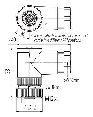 Scale drawing M12 Female angled connector, Contacts: 4, 6.0-8.0 mm, unshielded, wire clamp, IP67