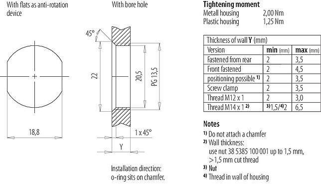 Instructions de montage / Découpe du panneau M12 Embase mâle, Contacts: 4, non blindé, souder, IP67, UL 2238, PG 13,5, Montage frontal