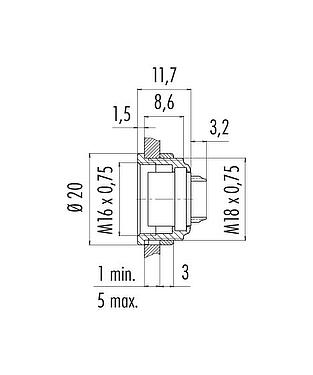 Scale drawing M16 Female panel mount connector, Contacts: 16, unshielded, solder, IP40, M18x0,75, Front mounting