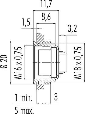 Scale drawing M16 Female panel mount connector, Contacts: 12 (12-a), unshielded, solder, IP40, M18x0,75, Front mounting