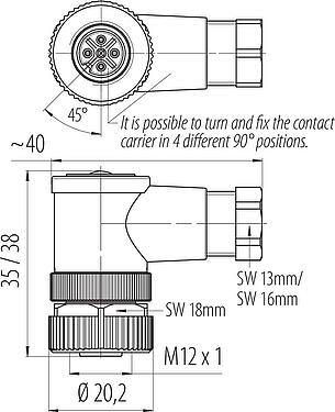 Scale drawing M12 Female angled connector, Contacts: 4, 4.0-6.0 mm, unshielded, screw clamp, IP67, UL 2238