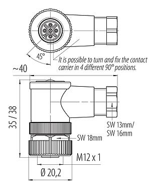 Dibujo a escala 99 0430 324 04 - M12 Conector hembra en ángulo, Número de contactos: 4, 2,5-3,5 mm, sin blindaje, tornillo extraíble, IP67