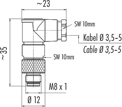 Dibujo a escala M8 Conector macho en ángulo, Número de contactos: 4, 3,5-5,0 mm, sin blindaje, soldadura, IP67, UL 2238