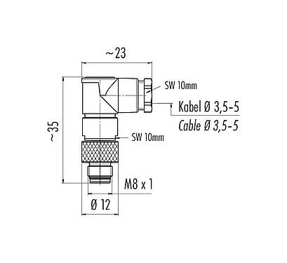 Dibujo a escala 99 3387 00 04 - M8 Conector macho en ángulo, Número de contactos: 4, 3,5-5,0 mm, sin blindaje, soldadura, IP67, UL 2238