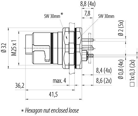 Dibujo a escala B23 Enchufe de brida, Número de contactos: 9 (4+PE + 4), THT, IP65/IP67, Montaje en pared, con cables trenzados, ENP: Pin de alimentación / Conector de datos