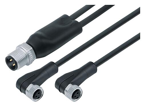 Illustration M12/M8 Male cable splitter - 2 female angled connector, Contacts: 4/3, unshielded, moulded on the cable, IP67, UL 2238, PUR, black, 3 x 0.34 mm², 1 m